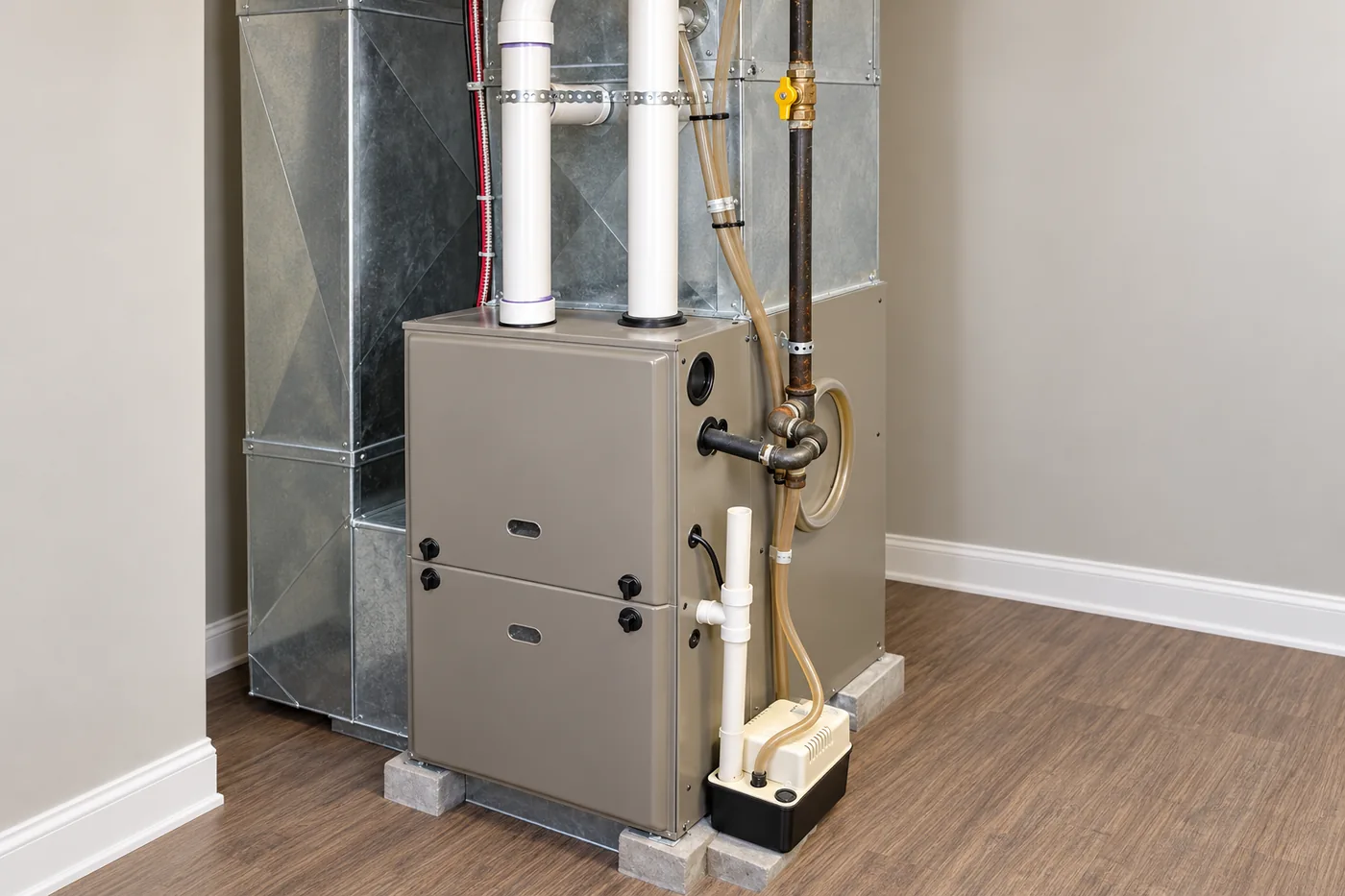 An unbranded residential gas furnace in a tidy utility space